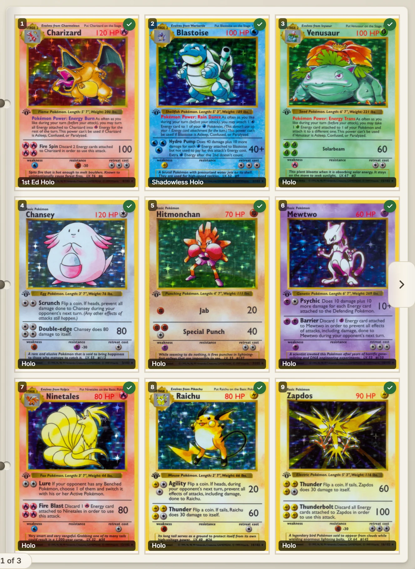 A nine-pocket binder page in Binder Boss holding nine Base Set holos: Charizard labelled 1st Ed Holo, Blastoise labelled Shadowless Holo, and seven more labelled Holo, each with an owned check.